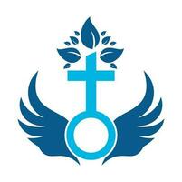 Church logo. Bible, Jesus' cross and angel wings. Wings church tree logo design icon. vector