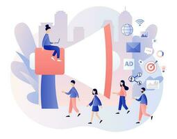 Advertising agency concept. Tiny people and big megaphone. Service advertisement, Digital marketing, SMM. Modern flat cartoon style. Vector illustration on white background