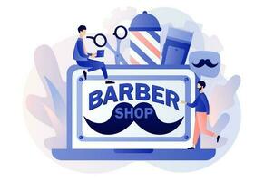 Barbershop - text on laptop screen. Barbers care hair and beard. Haircut, beard trimming and shaving services concept. Men salon. Modern flat cartoon style. Vector illustration on white background