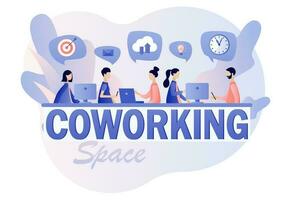 Co-working space. Shared working environment. Tiny people working on laptops, computers, smartphones on shared modern office workplace. Business meeting. Modern flat cartoon style. Vector illustration