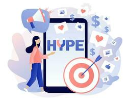 Hype - text on smartphone screen. Tiny people following internet trends. Social media viral or fake content. Bloggers, celebrities, influencers need more likes. SMM. Modern flat cartoon style. Vector