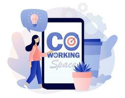 Co-working space - text on smartphone screen. Tiny woman working in mobile app on shared modern office workplace. Shared working environment. Modern flat cartoon style. Vector illustration