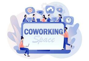 Co-working space - text on laptop screen. Tiny people working on computers, smartphones on shared modern office workplace. Shared working environment. Modern flat cartoon style. Vector illustration