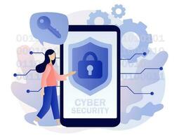 Cyber security - text on smartphone screen. Global network security. Data protection. Tiny woman protection of computer services and electronic information. Modern flat cartoon style. Vector