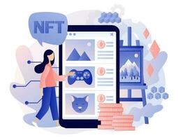 Non-fungible token. Tiny woman investing in Crypto art, game, video use smartphone app. Online gallery NFT art. Internet marketplace and blockchain technology. Modern flat cartoon style. Vector