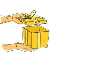 Continuous one line drawing woman holding gift box on holiday. Opened decorative box with confetti. Present package with bursting elements, surprise inside. Single line draw design vector graphic