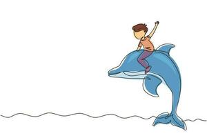 Single continuous line drawing little boy riding dolphin. Young kid sitting on back dolphin in swimming pool. Children with dolphin swimming in water. One line draw graphic design vector illustration