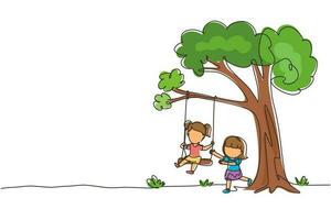 Single one line drawing happy two girls playing on tree swing. Cheerful kids on swinging under a tree. Children playing at playground. Modern continuous line draw design graphic vector illustration