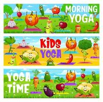 Morning yoga, pilates fitness, cartoon vegetables vector
