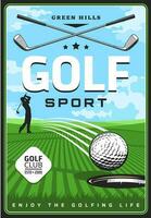 Golf course with golfer, ball, club retro poster vector