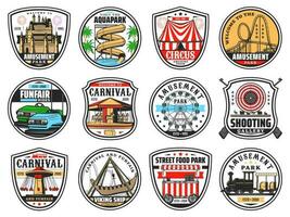 Funfair and amusement park attraction vector icons
