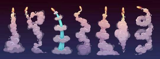 Cartoon rocket smoke trails with fire and clouds vector