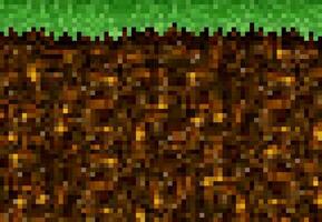 Pixel game golden ore, grass and soil background vector