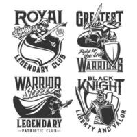 Tshirt prints with knight and sword vector set