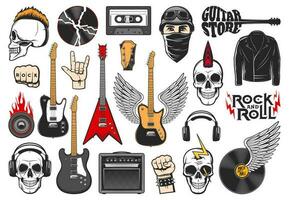 Rock music icons, guitars, loudspeaker, headphones vector