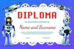 niños diploma con dibujos animados robots y drones vector