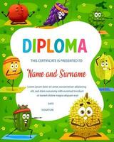 Kids diploma, cartoon durian and carambola fruits vector