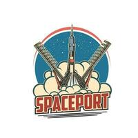 Spaceport icon, space shuttle on start emblem vector