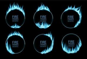 Round frames, blue gas fire flames in circle rings vector