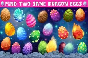 Find two same dinosaur eggs, kids game puzzle vector