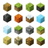 Pixel game blocks of grass, stone, ice and water vector