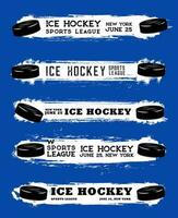 Ice hockey sport banners, grunge blobs and puck vector
