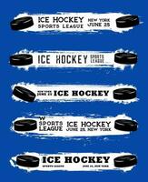 Ice hockey sport banners, grunge blobs and puck vector