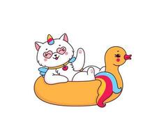 Cartoon cute caticorn character on the duck float vector