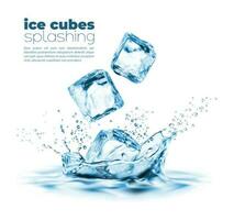 Realistic falling ice cube and corona water splash vector