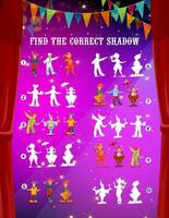 Kids maze game, find correct circus clown shadow vector