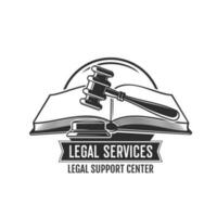 Legal service icon, judge gavel and open law book vector