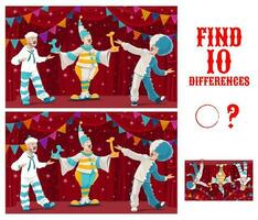 Find differences game with circus clowns vector