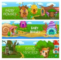 Cartoon fairy houses and dwelling homes, banners vector