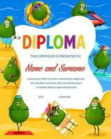 Vertical kids diploma, cartoon avocado characters vector