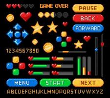 Pixel art 8bit game interface, retro buttons, bars vector