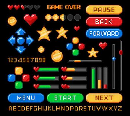 Pixel art 8bit game interface, retro buttons, bars