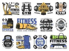 Sport equipment and fitness tool icons of gym vector