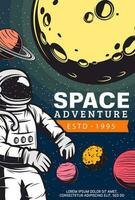 Astronaut in outer space retro vector banner