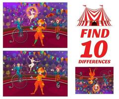 Kids game, find difference on shapito circus stage vector