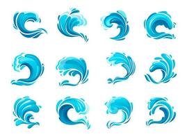 Tsunami ocean wave icons, sea storm blue waves vector