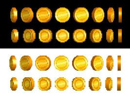 Golden coin animation sprite frames, pixel art vector