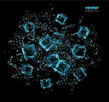 Ice cubes and water drops, frozen crystal cubes vector