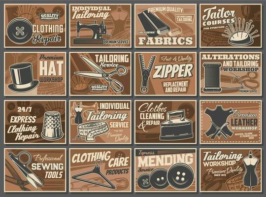 Tailoring service and sewing tools retro posters