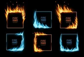 Square frames with gas and fire flames, borders vector