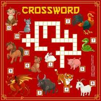 Chinese horoscope cartoon animals, crossword game vector