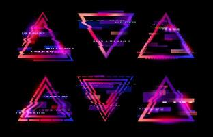Neon glitched triangle frames, digital distortion vector