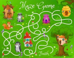 Kids labyrinth maze game with squirrel, raccoon vector