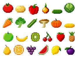 Retro pixel art fruits, vegetables 8bit game icons vector