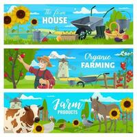 granjero con granja animales, vegetales y herramientas vector