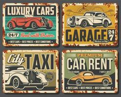 Cars rusty metal plates, auto service tin signs vector